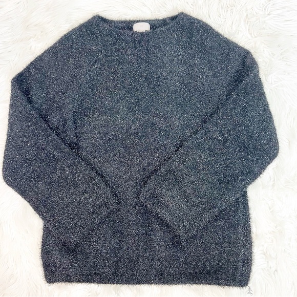 H&M BLACK METALLIC EYELASH FUZZY LONG SLEEVE PULLOVER SWEATER WOMENS SZ XS - Picture 2 of 8